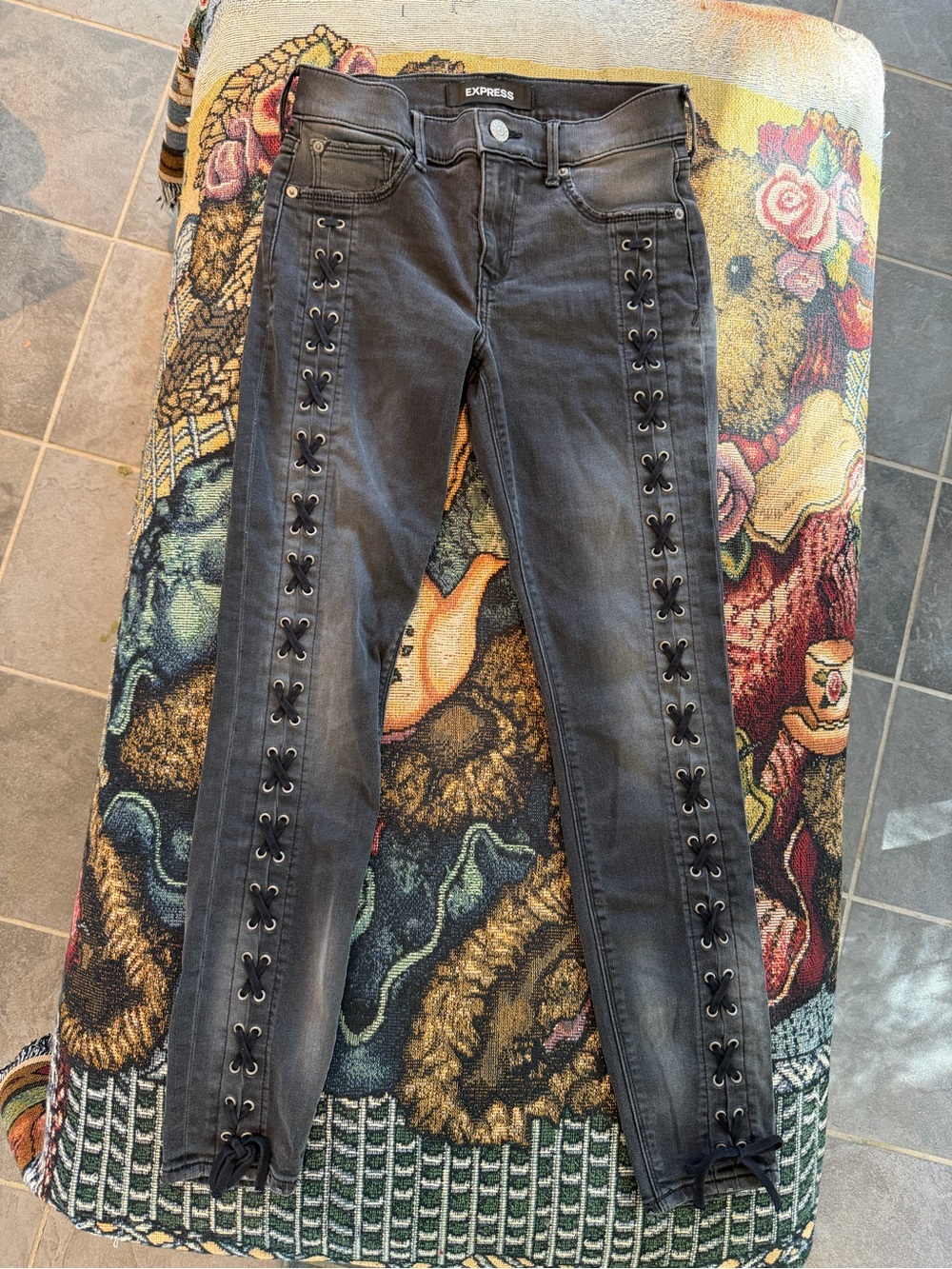 Express Black Lace-Up Side-Trim Skinny Jeans mid rise ankle legging stretch